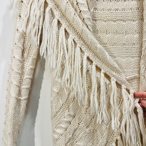 BB Dakota Karli Fringe Cream Long Cable Knit Wool Shawl Cardigan Coastal Duster - Picture 9 of 16